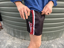 Load image into Gallery viewer, FOOTY SHORTS | BLACK & RED STRIPE