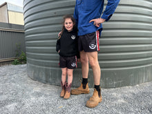 Load image into Gallery viewer, FOOTY SHORTS | KIDS | BLACK &amp; RED STRIPE

