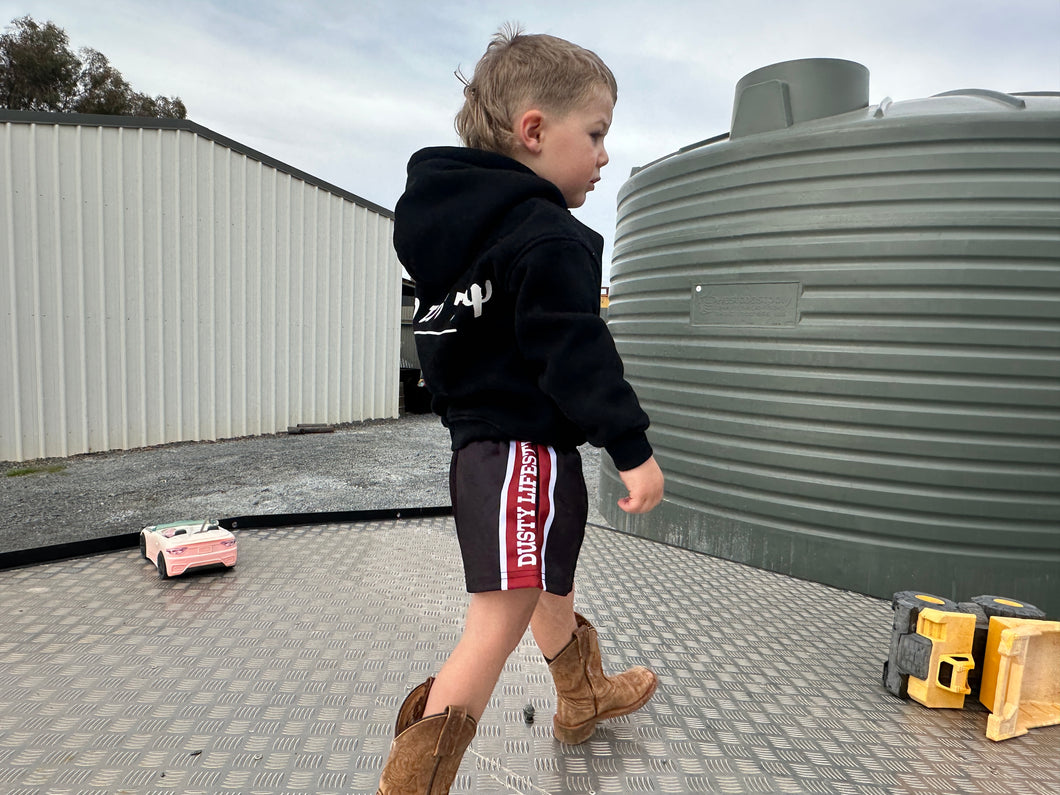 FOOTY SHORTS | KIDS | BLACK & RED STRIPE