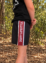 Load image into Gallery viewer, FOOTY SHORTS | KIDS | BLACK/RED STRIPES
