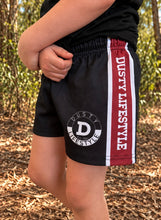 Load image into Gallery viewer, FOOTY SHORTS | KIDS | BLACK/RED STRIPES
