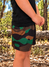 Load image into Gallery viewer, FOOTY SHORTS | KIDS | GREEN/BROWN CAMO

