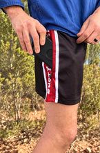 Load image into Gallery viewer, FOOTY SHORTS | BLACK &amp; RED STRIPE
